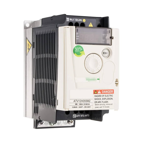 Schneider Electric ATV12H055M2 Altivar 12 variable speed drive, 0.55 kW (0.75 HP), 200–240V single-phase input, with heat sink and EMC filter.