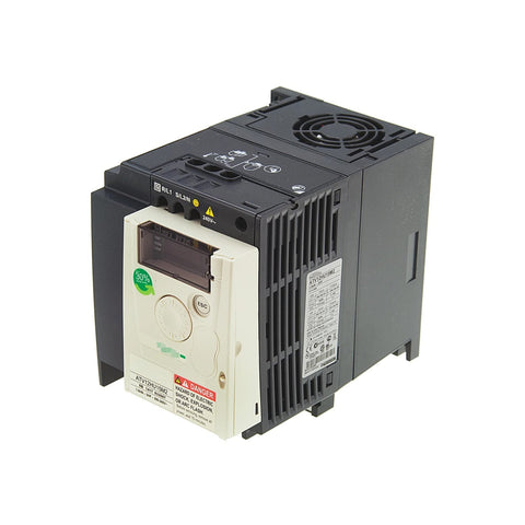 Schneider Electric ATV12HU15M2 Altivar 12 drive, 1.5 kW (2 HP), 200–240V single-phase input for compact and efficient motor control.