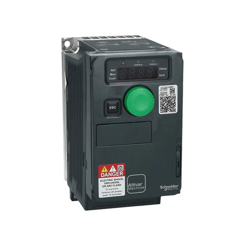 Schneider Electric ATV320U04M2C drive, 0.37 kW (0.5 HP), 200–240V single-phase, with EMC filter and advanced motor control features.