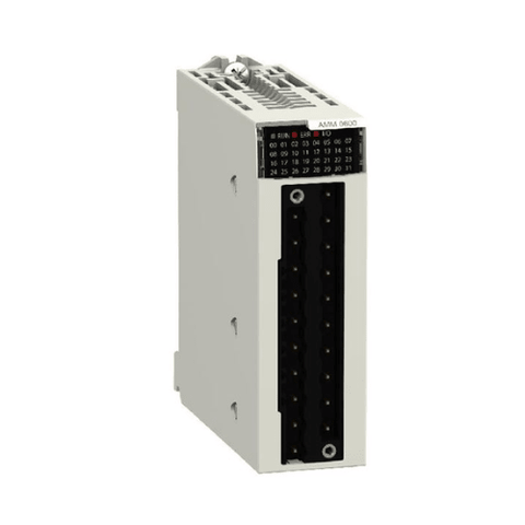 Schneider Electric BMXAMM0600 analog I/O module with 4 inputs and 2 outputs, 12-bit resolution, for Modicon M340 PLCs.