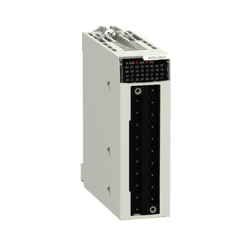 Schneider Electric BMXAMM0600 analog I/O module with 4 inputs and 2 outputs, 12-bit resolution, for Modicon M340 PLCs.