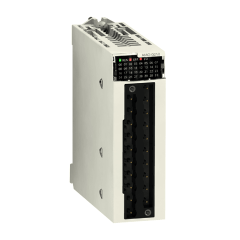 Schneider Electric BMXAMO0210 analog output module, 2 channels, 0–10 V or 4–20 mA, for precise signal control with Modicon M340 PLC.