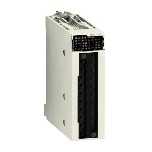 Schneider Electric BMXAMO0210 analog output module, 2 channels, 0–10 V or 4–20 mA, for precise signal control with Modicon M340 PLC.