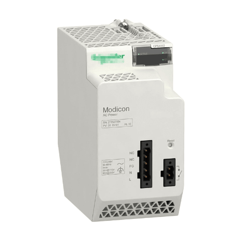 Schneider Electric BMXCPS4002 power supply module, 24V DC, 40W output, for Modicon M340 PLCs. Reliable DIN rail-mounted industrial power solution.
