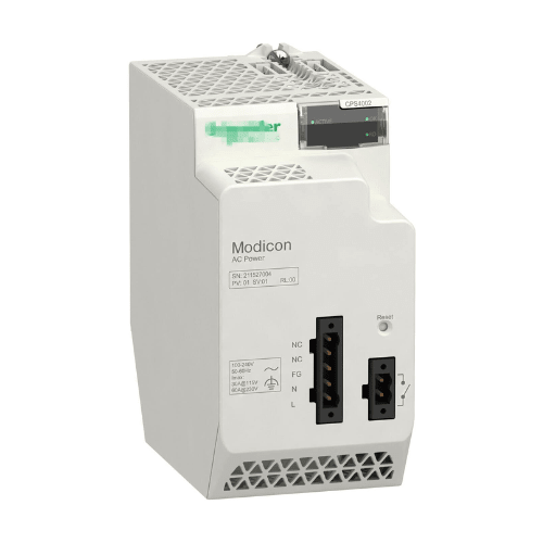 Schneider Electric BMXCPS4002 power supply module, 24V DC, 40W output, for Modicon M340 PLCs. Reliable DIN rail-mounted industrial power solution.