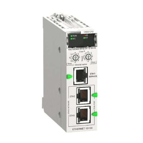 Schneider Electric BMXCRA31210 remote I/O drop adapter, Ethernet-based, for Modicon M340 and X80, ideal for distributed automation systems.
