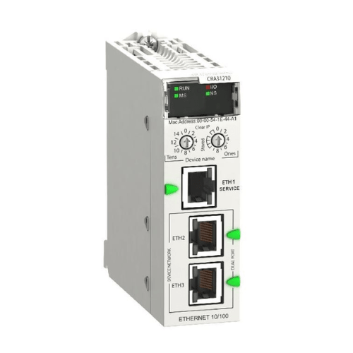 Schneider Electric BMXCRA31210 remote I/O drop adapter, Ethernet-based, for Modicon M340 and X80, ideal for distributed automation systems.