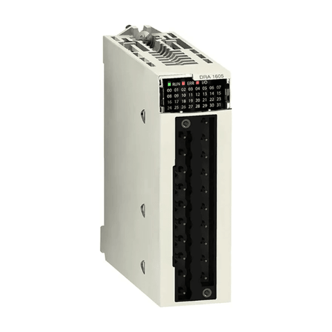Schneider Electric BMXDRA1605 16-channel relay output module for Modicon M340, supports AC/DC loads with isolated contacts and high reliability.