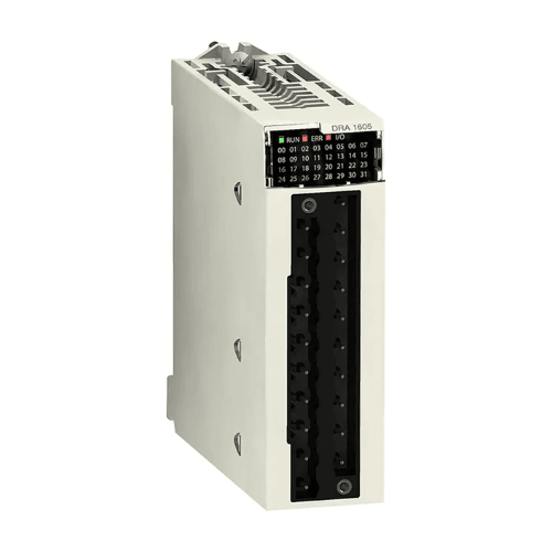 Schneider Electric BMXDRA1605 16-channel relay output module for Modicon M340, supports AC/DC loads with isolated contacts and high reliability.