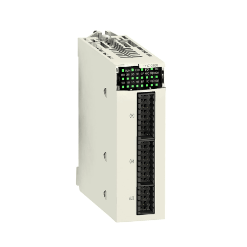 Schneider Electric BMXEHC0200 high-speed counter module, 2 channels, 100 kHz, for encoder inputs with Modicon M340 PLCs.