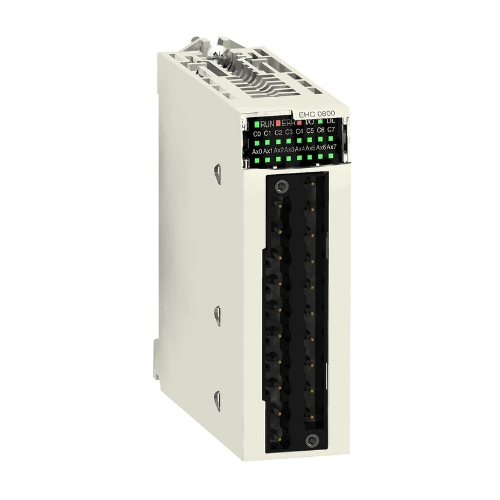 Schneider Electric BMXEHC0800 high-speed counter module for Modicon M340 PLC with 8 input channels for fast counting and encoder feedback.