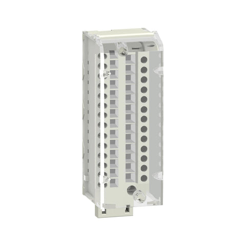 Schneider Electric BMXFTB2800 terminal block with 20 screw terminals and HE10 connector for secure wiring of Modicon X80 I/O modules.