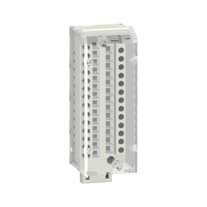 Schneider Electric BMXFTB2800 terminal block with 20 screw terminals and HE10 connector for secure wiring of Modicon X80 I/O modules.