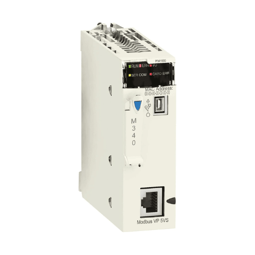 Schneider Electric BMXP341000 Modicon M340 CPU, with Ethernet, USB, and serial ports for mid-range industrial automation applications.