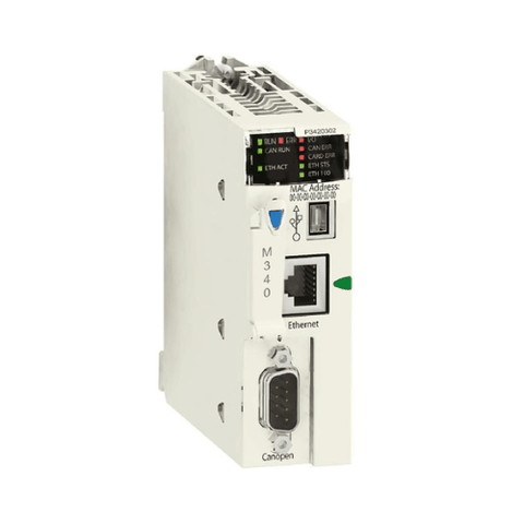 Schneider Electric BMXP3420302 Modicon M340 CPU, with Ethernet, serial, USB, and 3072 kB memory for advanced industrial automation control.