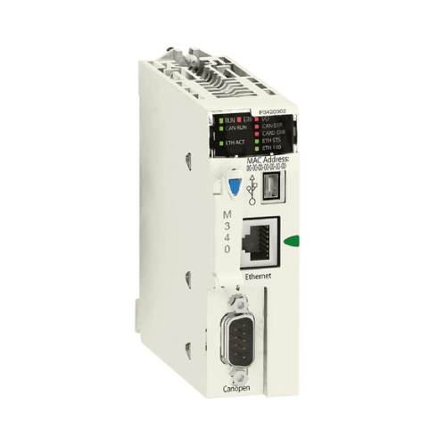 Schneider Electric BMXP3420302 Modicon M340 CPU, with Ethernet, serial, USB, and 3072 kB memory for advanced industrial automation control.
