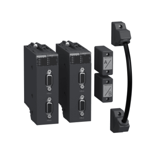 Schneider Electric BMXXBE2005 Modicon M340 X80 backplane extender kit for seamless two-rack configuration in industrial automation systems.