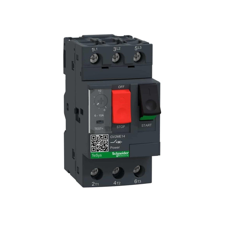 Schneider Electric GV2ME14 motor circuit breaker, 6–10 A thermal-magnetic protection, ideal for motor starters and industrial control panels.