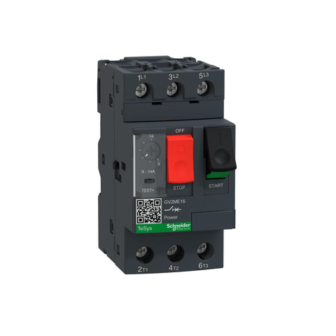 Schneider GV2ME16 motor circuit breaker, 9–14A range, thermal magnetic protection, TeSys GV2 series, DIN rail mount.