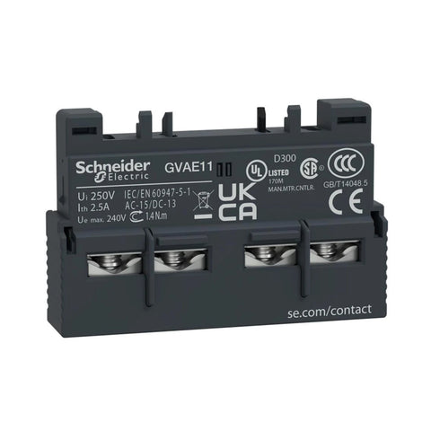 Schneider Electric GVAE11 auxiliary contact block with 1 NO + 1 NC, snap-on design for GV2/GV3 motor circuit breakers, ideal for control signaling.