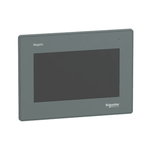 Schneider Electric HMIGXU3512 12.1" HMI touchscreen, 1280x800 resolution, Ethernet, USB, serial ports for industrial machine control.