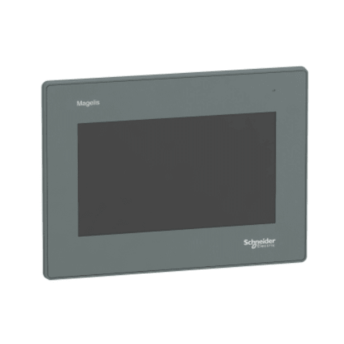 Schneider Electric HMIGXU3512 12.1" HMI touchscreen, 1280x800 resolution, Ethernet, USB, serial ports for industrial machine control.