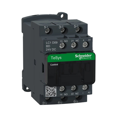 Schneider Electric LC1D09BD contactor, 3-pole, 9 A, 24V DC coil, with integrated auxiliary contacts for reliable motor control and switching.