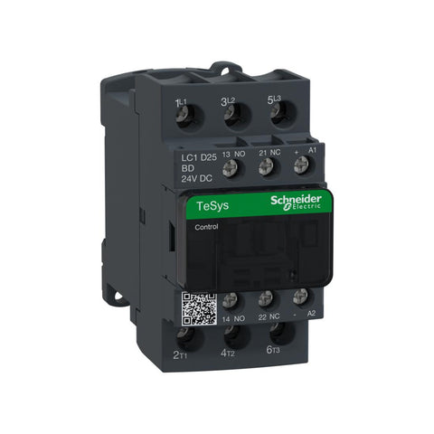 Schneider LC1D25BD 3-pole contactor with 24V DC coil, 25A rating, for motor control and automation in TeSys D series systems.