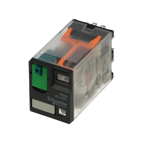 Schneider RXM4AB2BD 4-pole contactor with 24V DC coil, 2NO + 2NC contacts. Ideal for industrial automation control circuits.