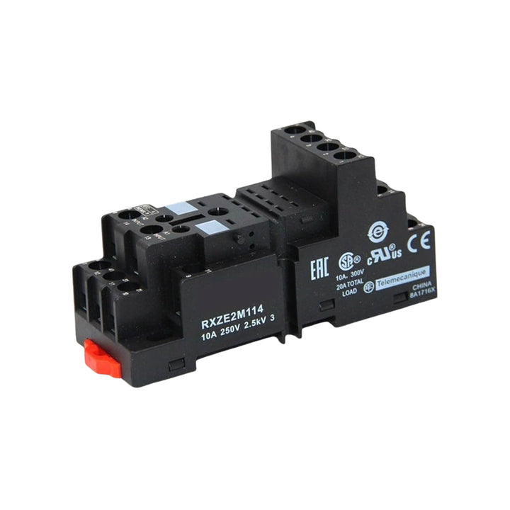 Schneider Electric RXZE2M114 14-pin relay socket with screw clamp terminals, rated for 10A at 250V AC, compatible with RXM2 and RXM4 relays.