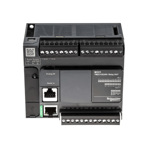 Schneider Electric TM221C24T Modicon M221 PLC with 24 transistor outputs, 24V DC, and serial/USB ports for compact automation control.