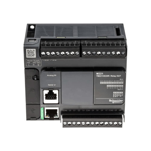 Schneider Electric TM221C24T Modicon M221 PLC with 24 transistor outputs, 24V DC, and serial/USB ports for compact automation control.
