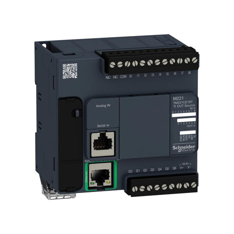 Schneider TM221CE16T PLC with 16 I/O, transistor outputs, and Ethernet port. Compact controller for industrial and OEM automation systems.
