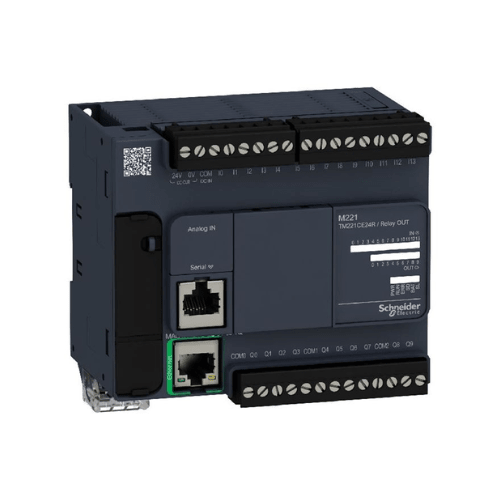 Schneider Electric TM221CE24R Modicon M221 PLC with 14 inputs, 10 relay outputs, and Ethernet connectivity for versatile industrial automation.