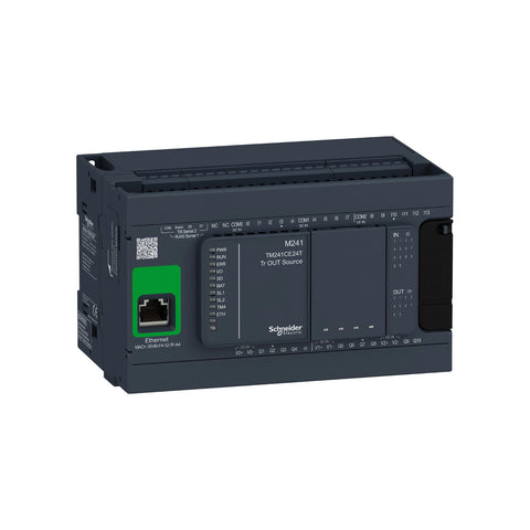 Schneider Electric TM241CE24R Modicon M241 logic controller with 24 I/O, relay outputs, and Ethernet connectivity for industrial automation.