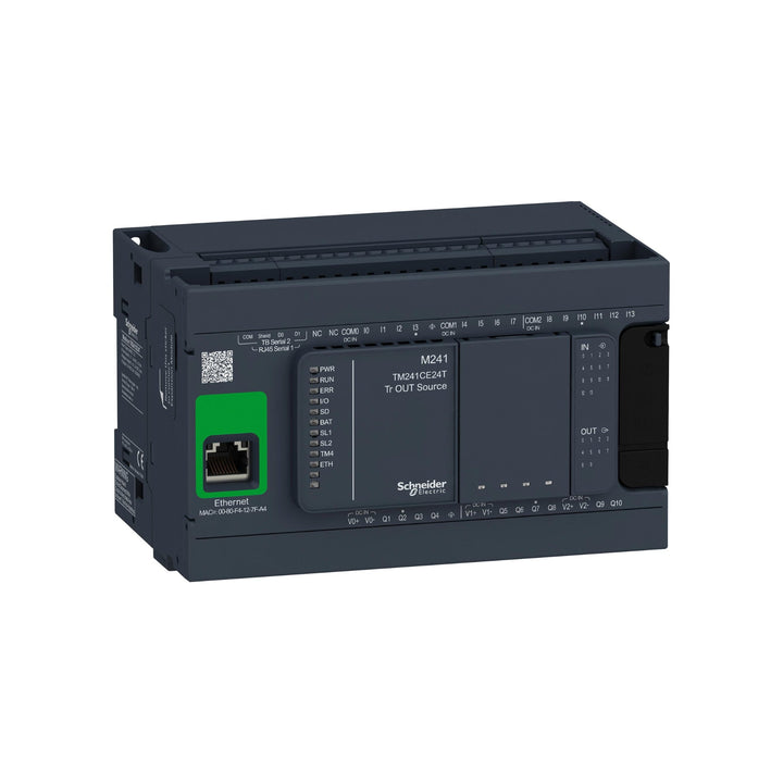 Schneider Electric TM241CE24R Modicon M241 logic controller with 24 I/O, relay outputs, and Ethernet connectivity for industrial automation.