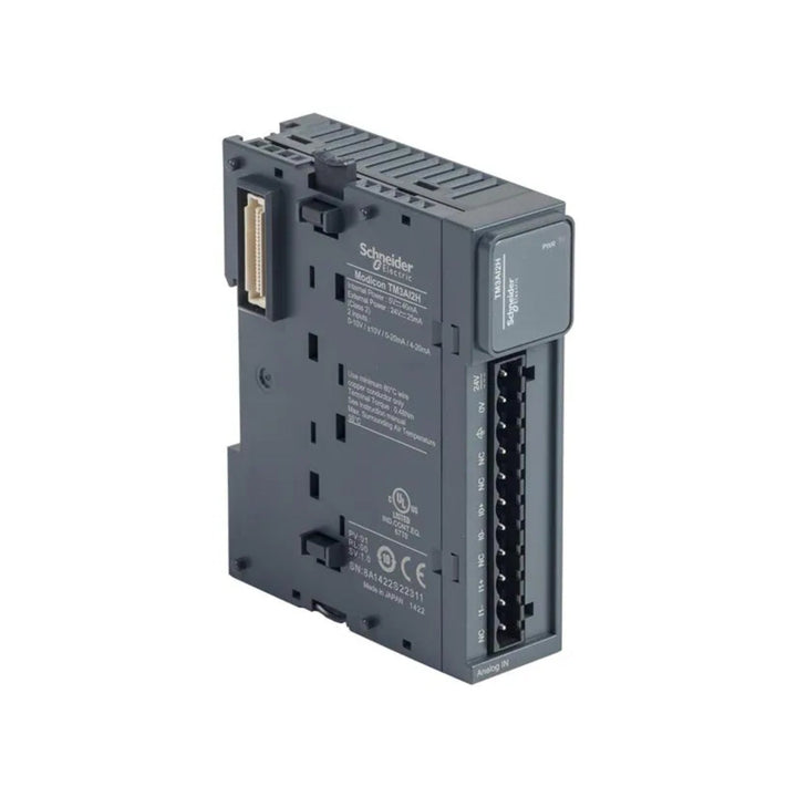 Schneider TM3AI2H 2-channel analog input module with 16-bit resolution for voltage and current signals in Modicon TM3 systems.