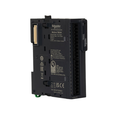 Schneider TM3AI4 4-channel analog input module for Modicon TM3 series, 24V DC, 12-bit resolution, voltage and current input support.