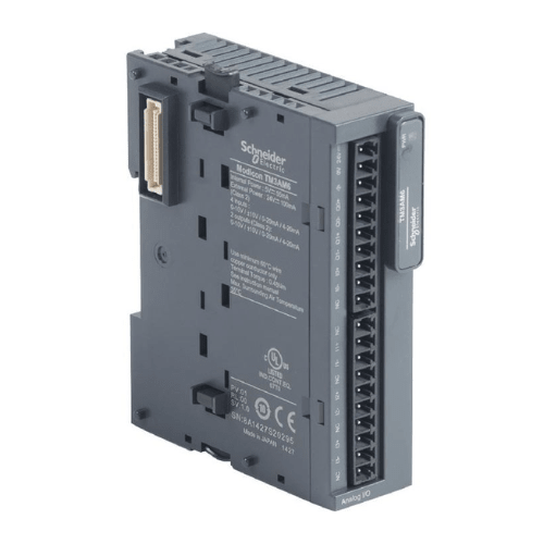 Schneider Electric TM3AM6 Modicon analog I/O module with 4 inputs and 2 outputs for industrial automation and process control applications.