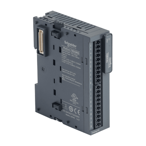 Schneider Electric TM3AM6G analog I/O module with 4 inputs and 2 outputs, for voltage/current signals on Modicon M221, M241, M251 PLCs.
