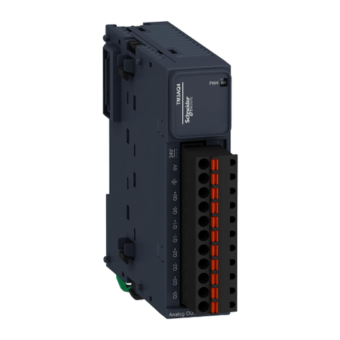 Schneider Electric TM3AQ4G analog output module with 4 channels, 0–10V or 4–20mA, for Modicon TM3 I/O expansion.