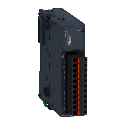 Schneider Electric TM3AQ4G analog output module with 4 channels, 0–10V or 4–20mA, for Modicon TM3 I/O expansion.