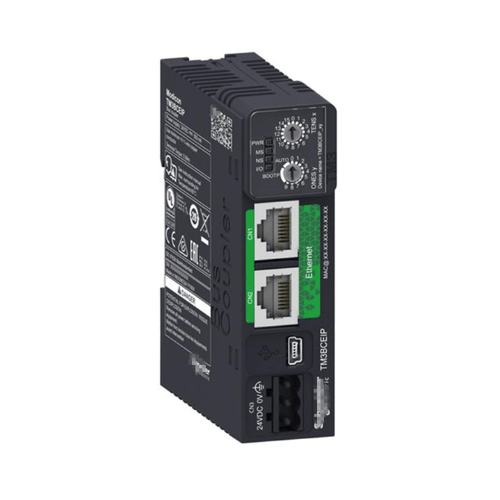 Schneider Electric TM3BCEIP EtherNet/IP bus coupler for TM3 I/O modules, enabling distributed control and real-time communication.
