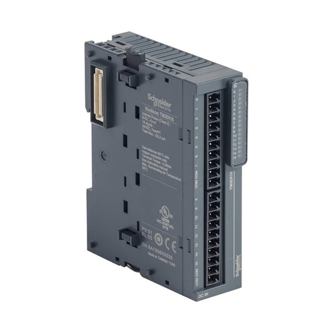 Schneider Electric TM3DI16 digital input module, 16 x 24V DC inputs, compact DIN-rail unit for Modicon M221, M241, and M251 PLC expansion.