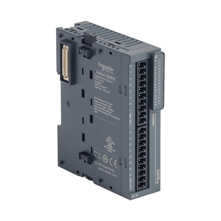 Schneider Electric TM3DI16 digital input module, 16 x 24V DC inputs, compact DIN-rail unit for Modicon M221, M241, and M251 PLC expansion.