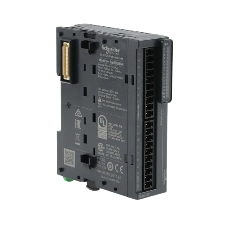 Schneider Electric TM3DQ16R relay output module with 16 channels, 2 A per output, DIN-rail mounted for Modicon M221, M241, and M251 PLCs.