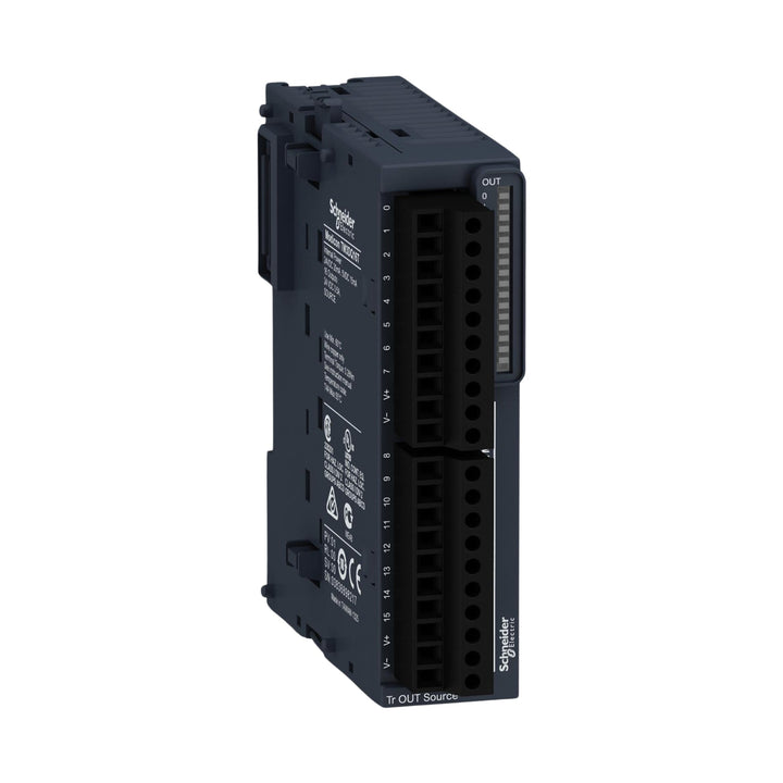 Schneider Electric TM3DQ16T digital output module with 16 x 24V DC transistor outputs for high-speed control on Modicon M221, M241, M251 PLCs.
