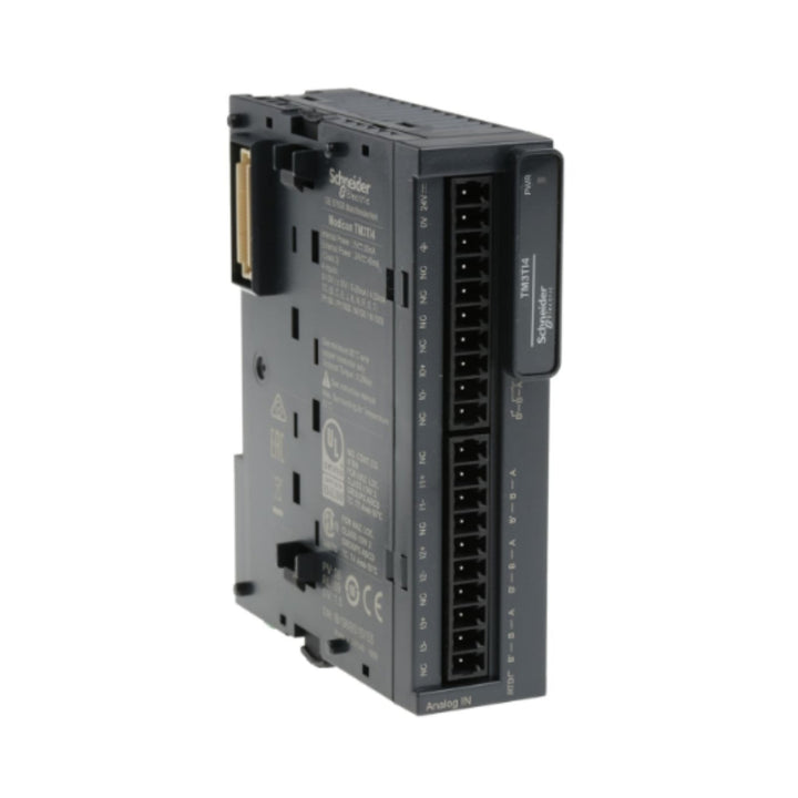 Schneider Electric TM3TI4 analog input module, 4 channels for temperature sensors, 24V DC supply, 16-bit resolution, for Modicon M221/M241/M251 PLCs.