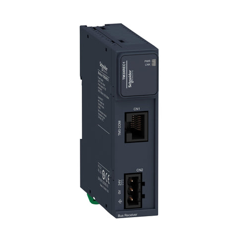 Schneider TM3XREC1 remote receiver module with RS485 communication for Modicon TM3 I/O expansion, 24V DC input, DIN rail mount.