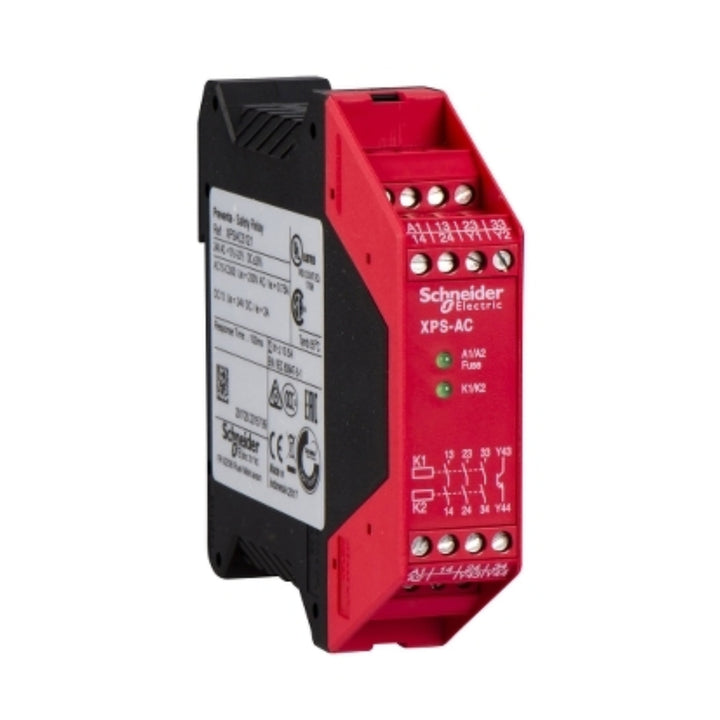 Schneider Electric XPSAC5121 safety relay, 24V DC with 2NO + 1NC contacts for emergency stop applications in industrial automation.